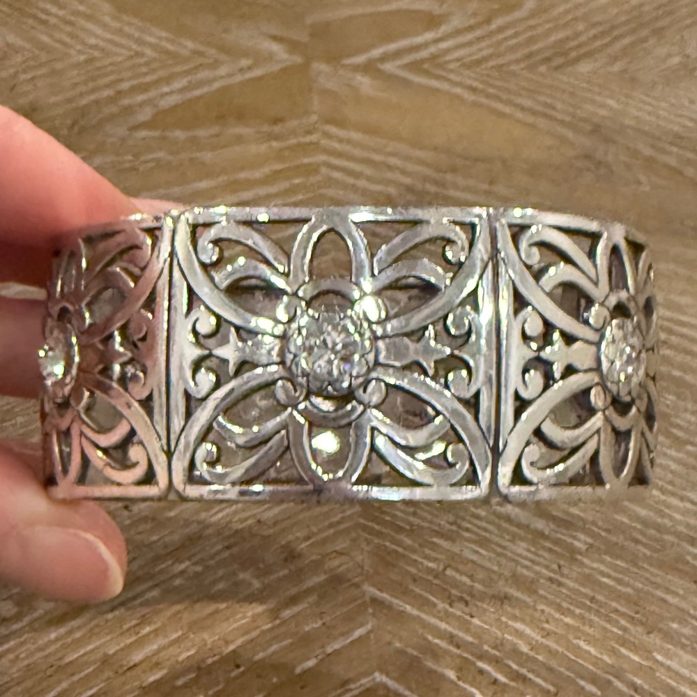 Brighton Wide‎ Openwork Silver Plated Rhinestone Magnetic Hinge Cuff Bracelet
